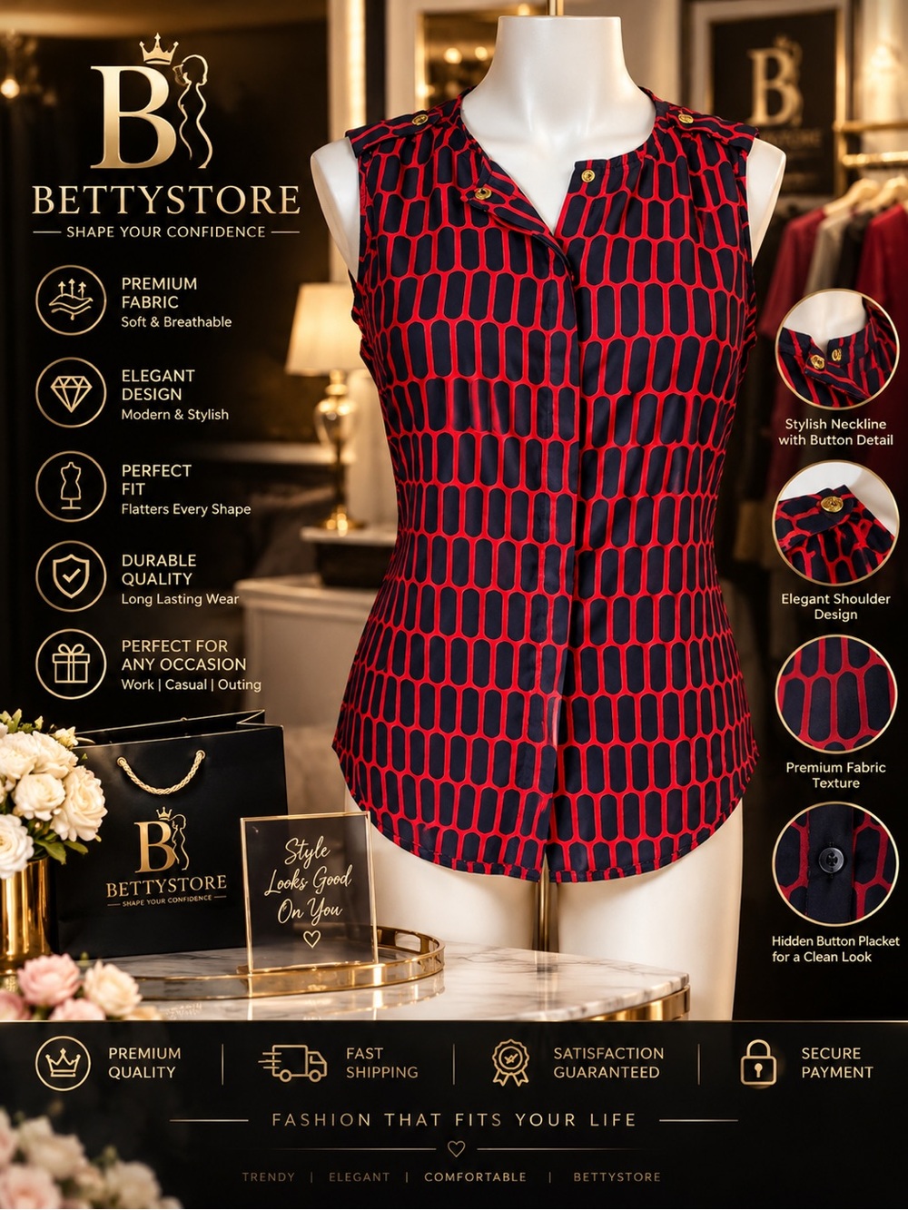 MICHAEL Michael Kors Red and Black Sleeveless Geometric Print Camisole